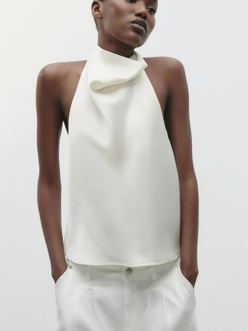 Zara Satin Effect Halter Top in White / Ivory